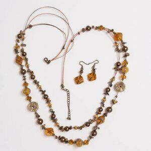 Two Layers Glass And Lucite Bead Mix Bead Long Necklace Earring Set